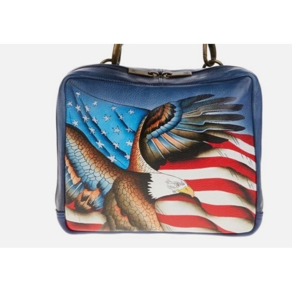 PATRIOTIC AMERICAN ANUSCHKA Handpainted Crossbody Organizer EAGLE, STARS STRIPE